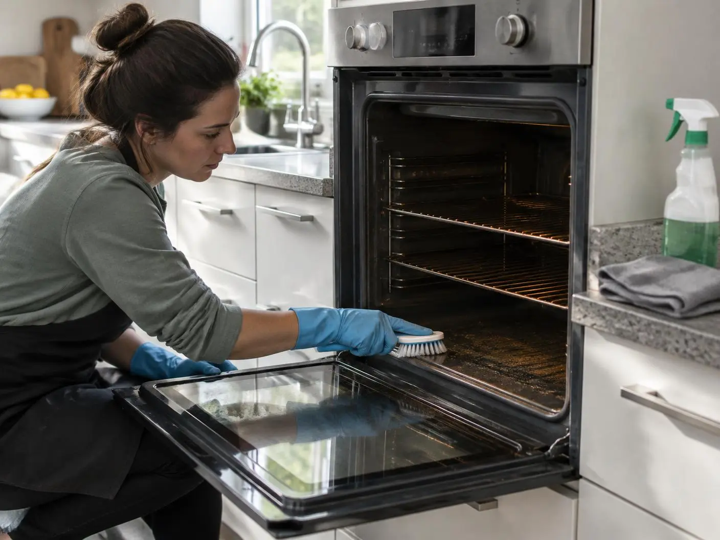 Cleaner scrubbing the inside edge of an open oven during a deep clean