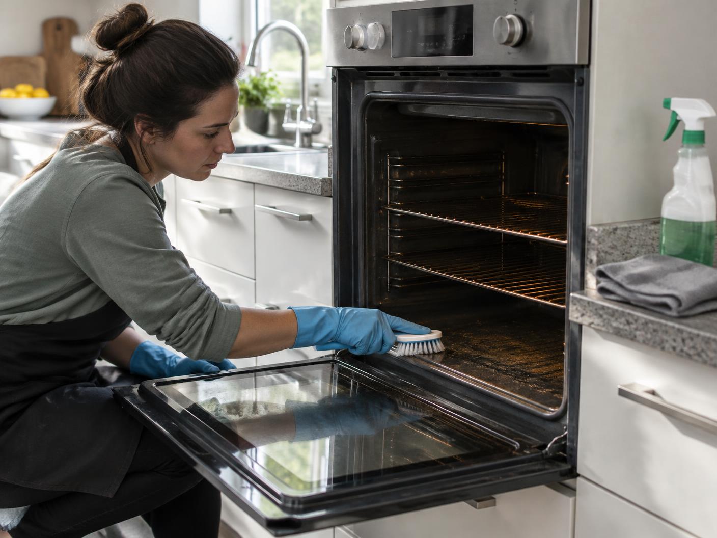 Cleaner scrubbing the inside edge of an open oven during a deep clean