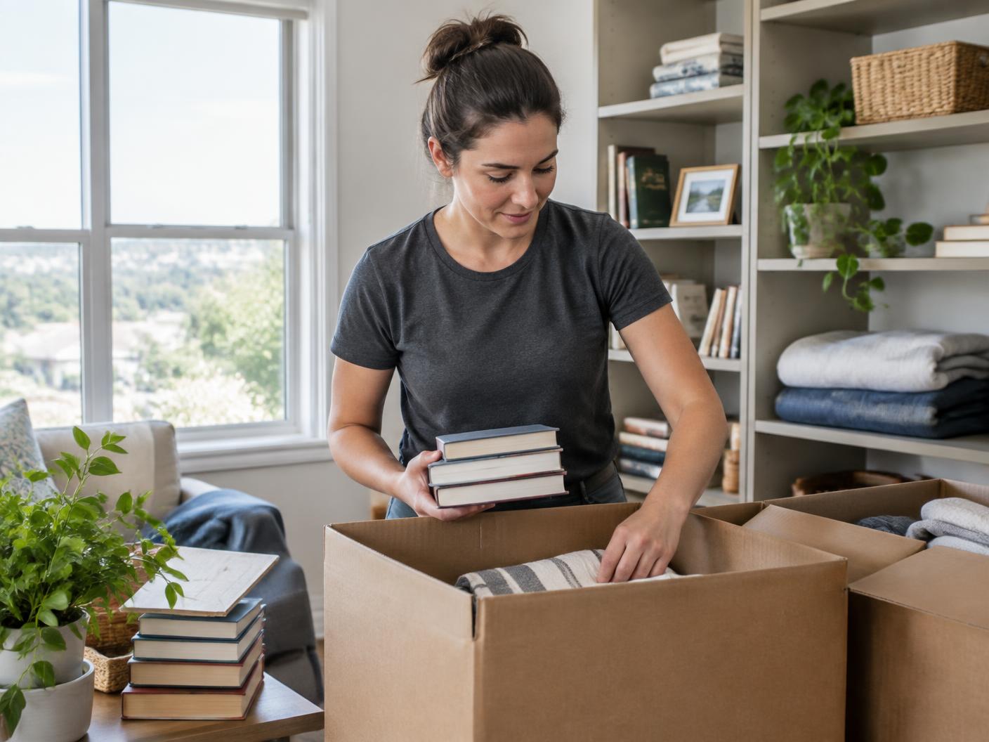 Home organizing worker sorting books and household belongings into moving boxes