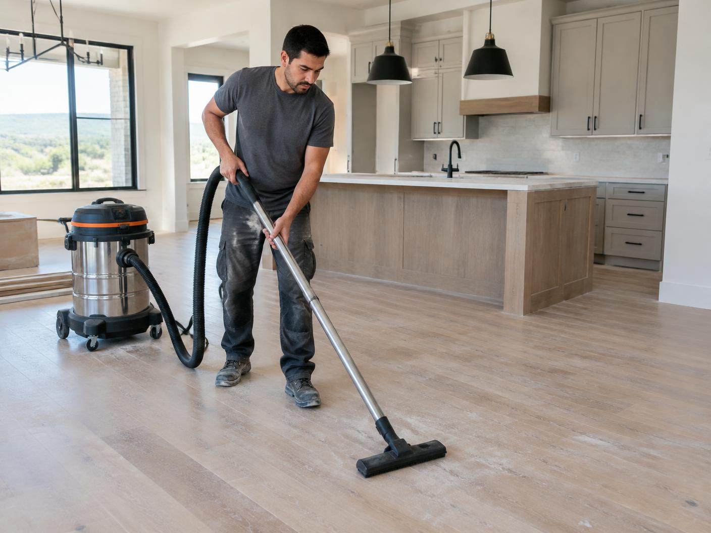 Cleaner vacuuming construction dust from wood floors in a newly finished home