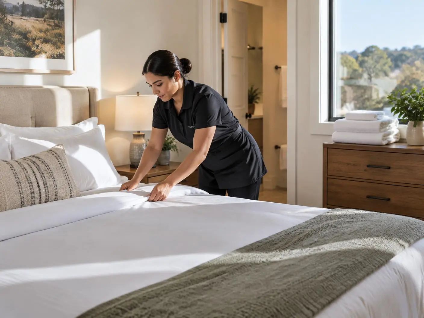 Cleaner smoothing fresh bed linens in a short-term rental guest room