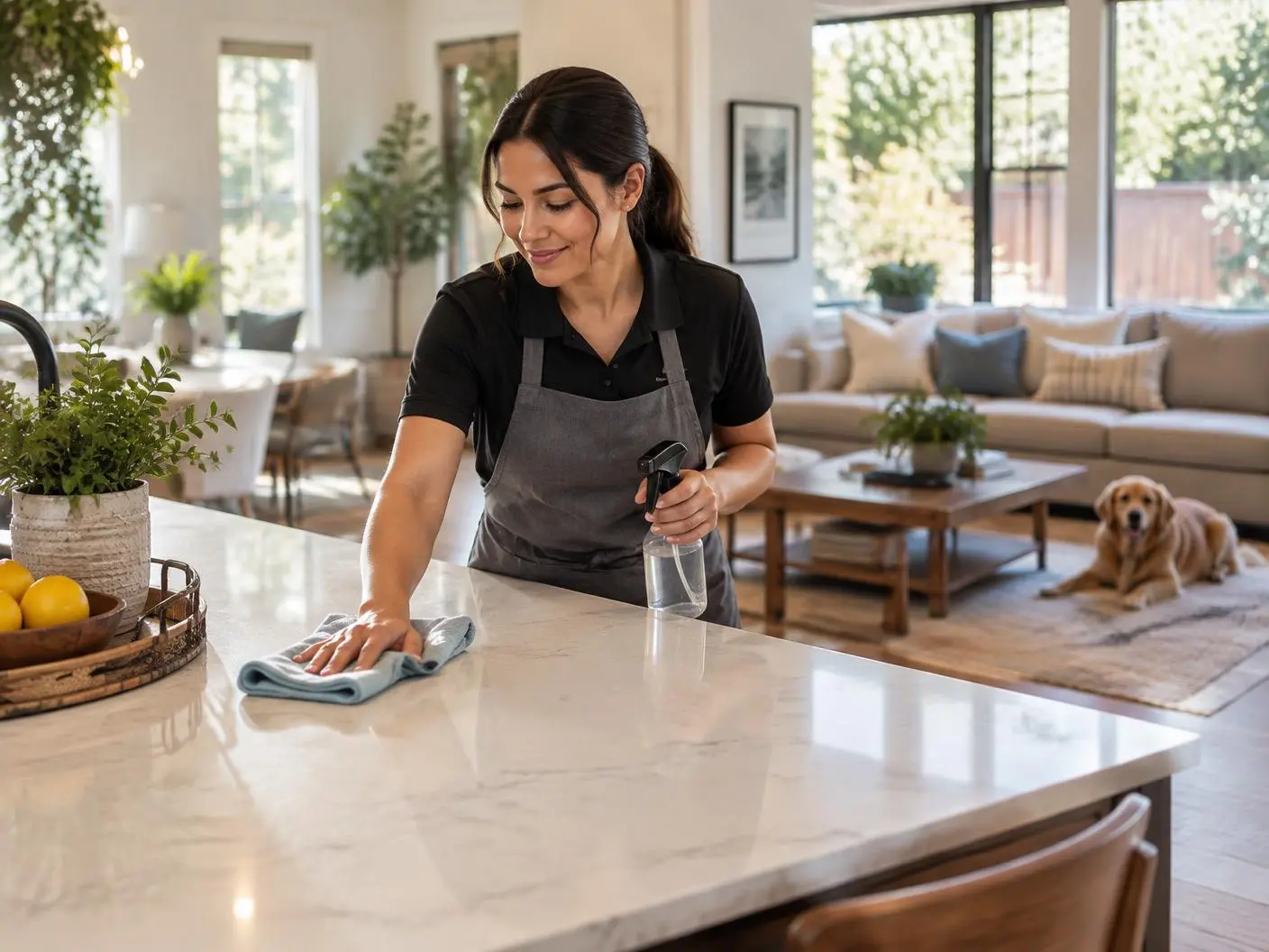 Cleaner wiping a family kitchen island with a microfiber cloth in daylight