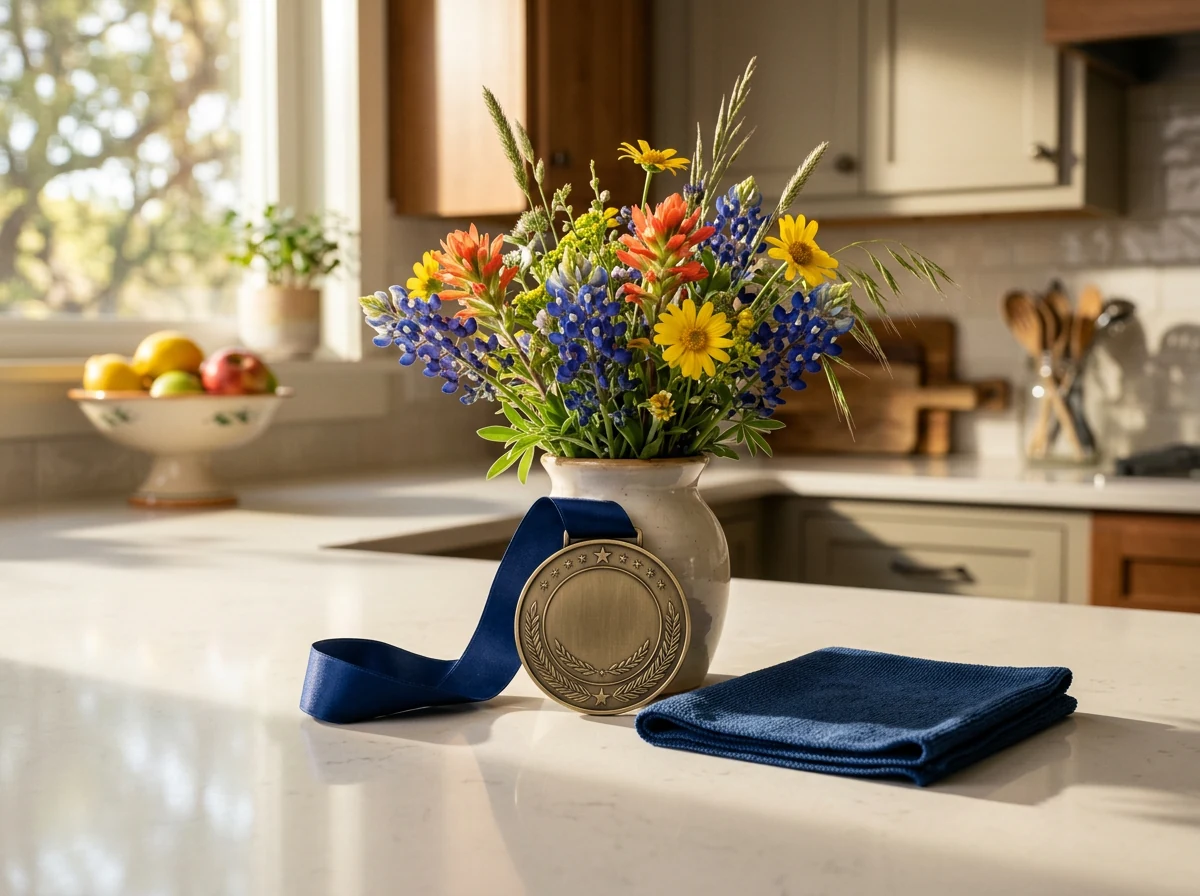 Award medallion, blue ribbon and Texas wildflowers on a spotless kitchen counter