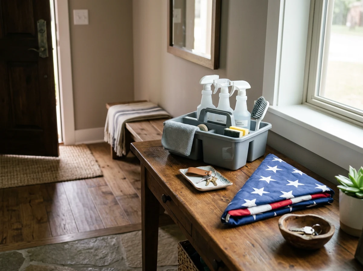 Professional cleaning caddy, house keys and folded American flag in a welcoming home entry