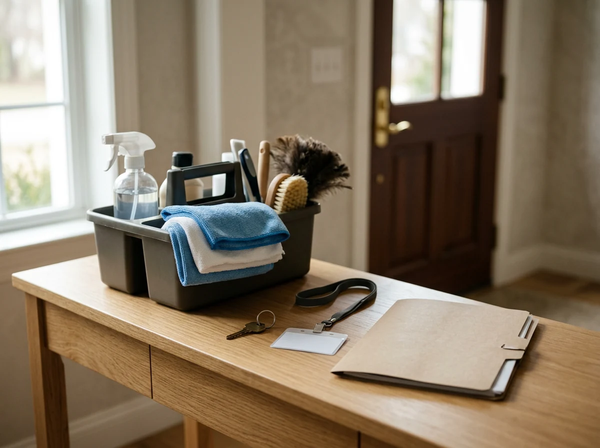 Professional cleaning supplies with house key and identification badge in a clean entryway