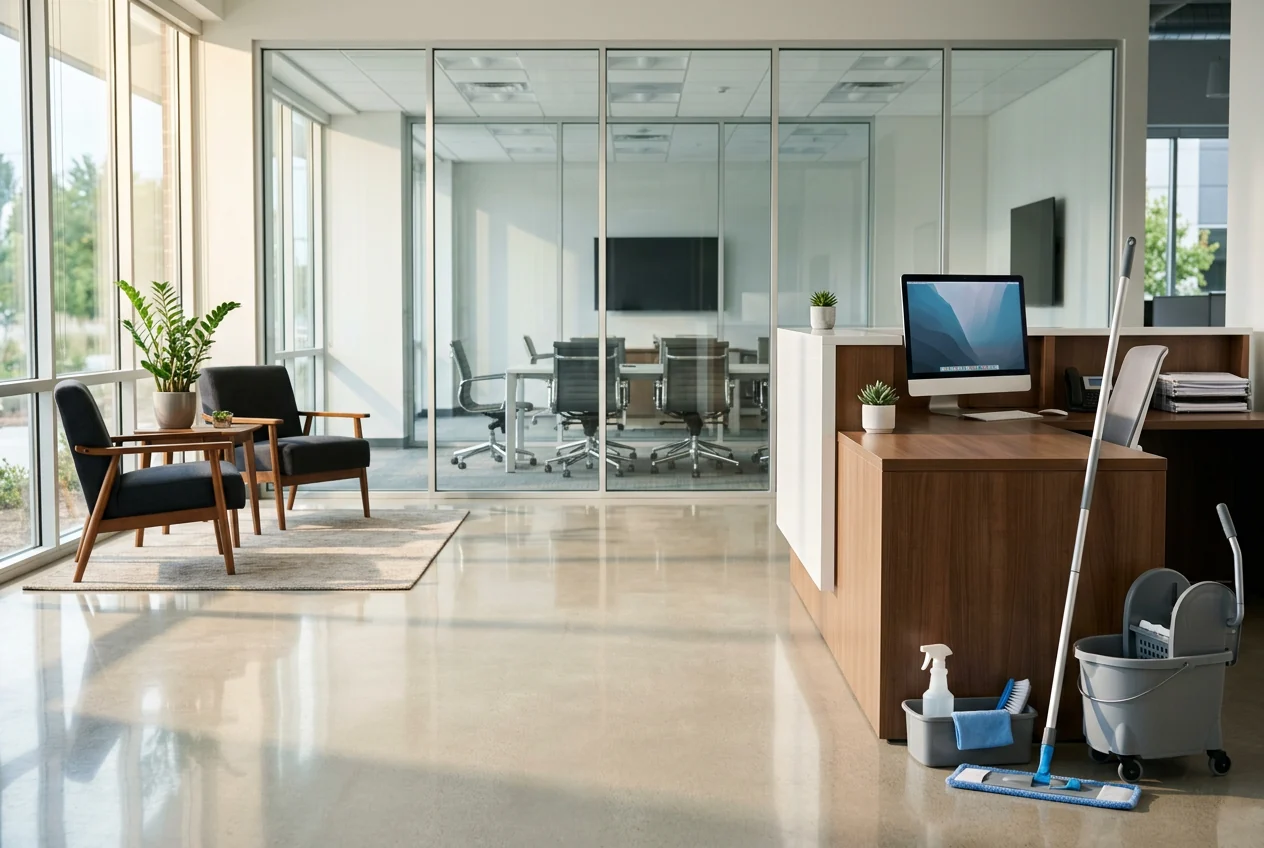 Polished modern office reception with spotless glass and professional cleaning tools