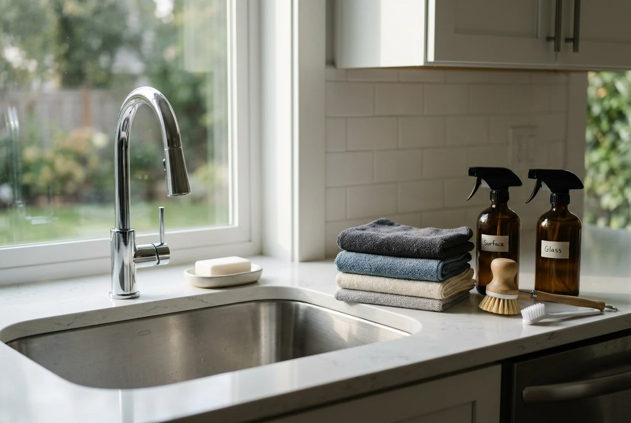 Microfiber cloths, surface cleaners and brushes organized beside a spotless kitchen sink