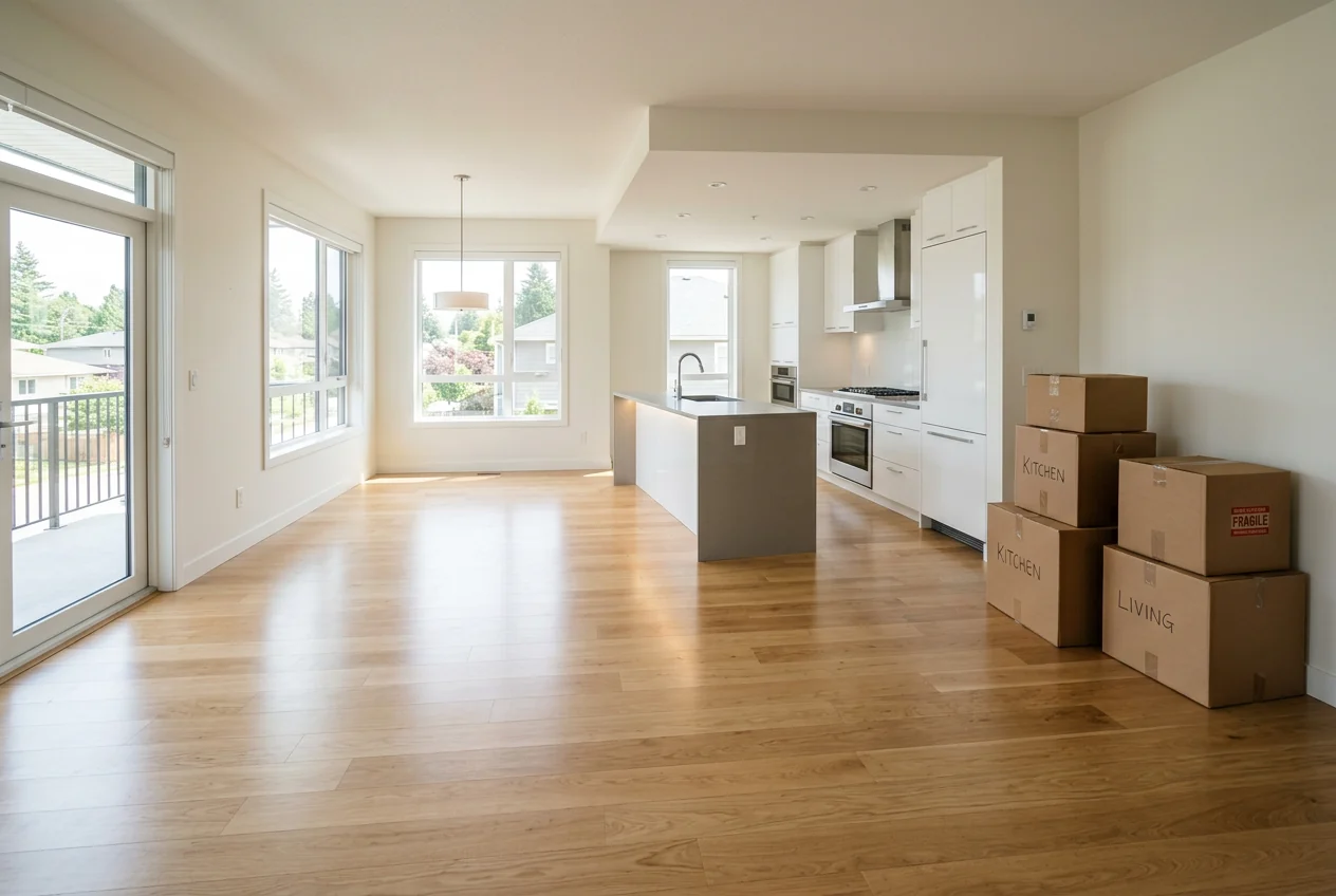 Bright empty home with polished floors and packed boxes ready for move-in day