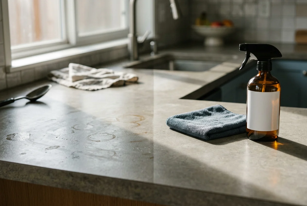 Marked kitchen counter beside professional spray bottle and microfiber cloth in natural light