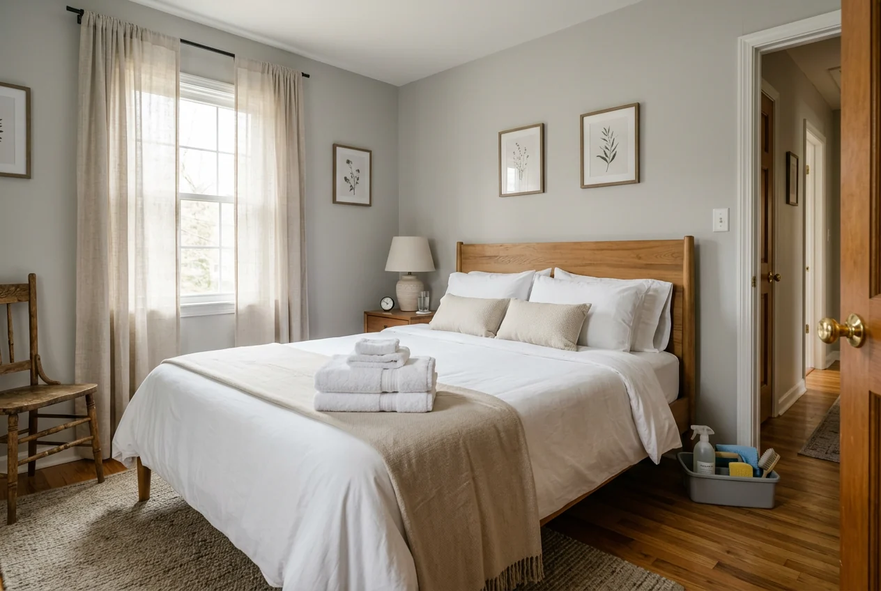 Guest-ready short-term rental bedroom with crisp linens, folded towels and cleaning caddy