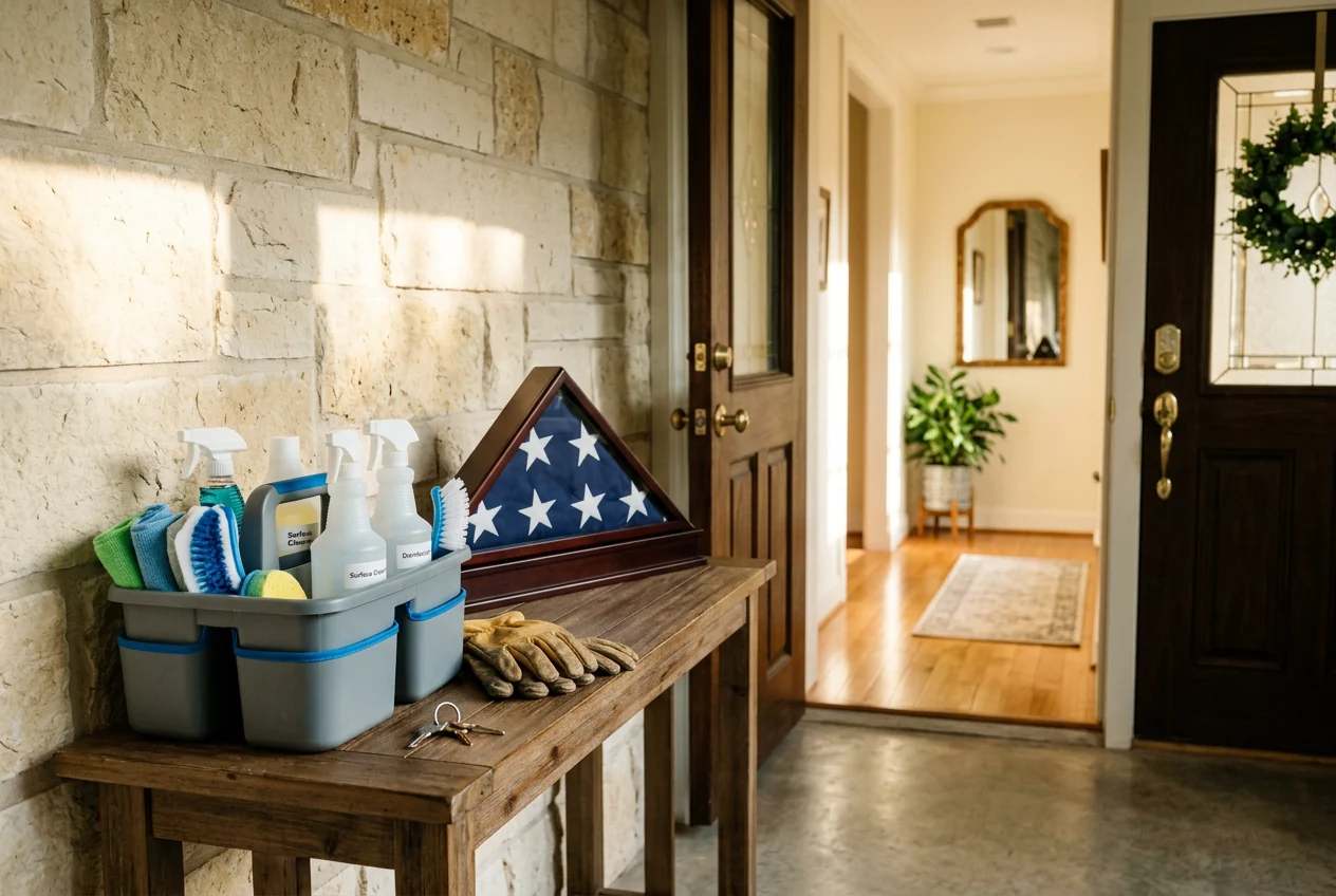 Cleaning caddy, house keys and folded American flag at a welcoming Central Texas home entry