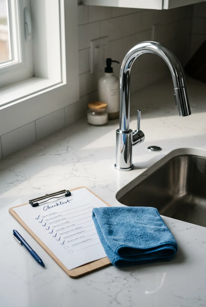 Quality checklist and microfiber cloth beside a spotless kitchen sink after cleaning