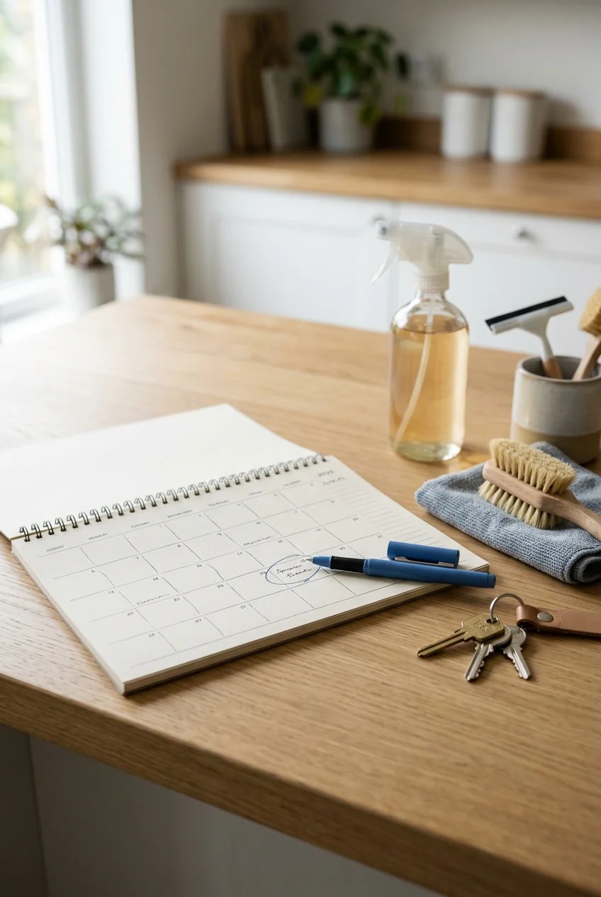 Cleaning appointment calendar with keys and professional supplies ready for scheduling