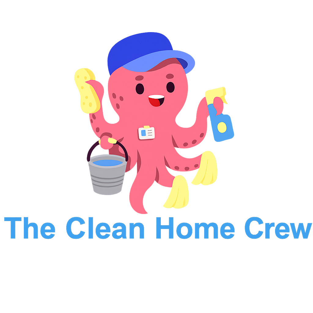 Smiling pink octopus mascot in a blue cap holding cleaning tools with 'The Clean Home Crew' text